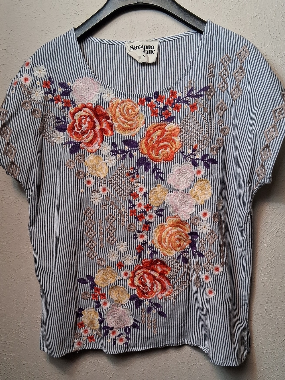 Savanna Jane Blue/White Striped Top with Multicolor Floral Embroidery